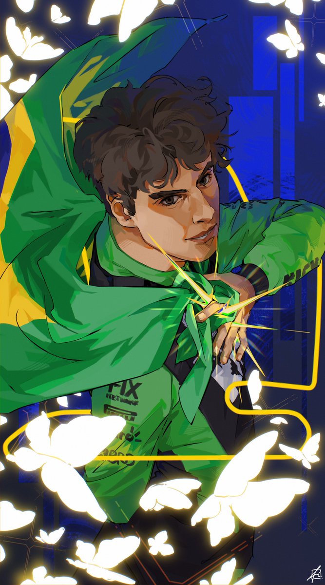 1boy, animal, atmisuki, black_eyes, blue_background, brazilian_flag, brown_hair, bug