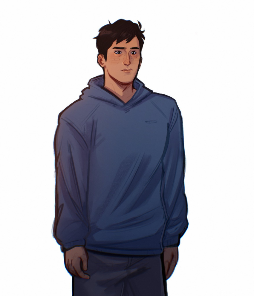 1boy, black_hair, blue_hoodie, blush, brown_eyes, closed_mouth, commentary, english_commentary