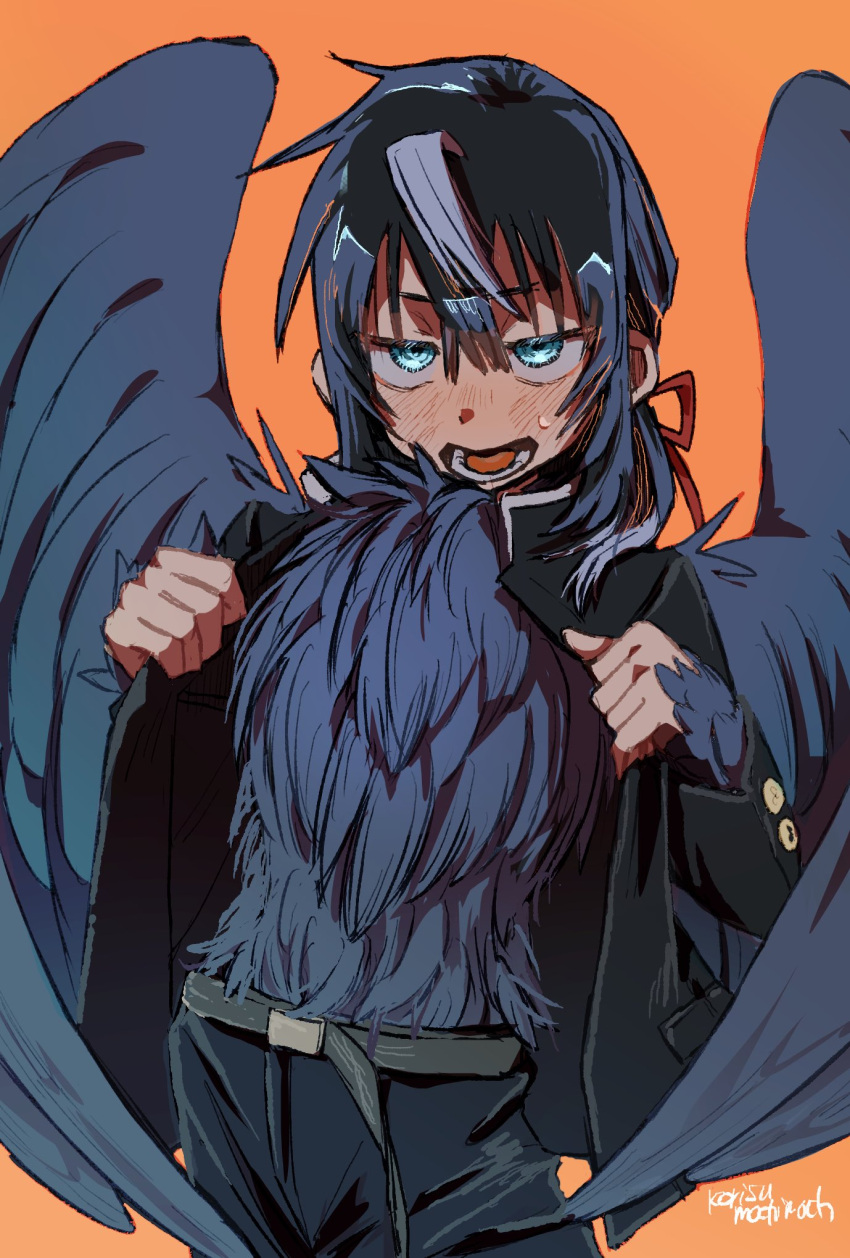 1boy, aki_(korisumochi), bird_wings, blue_eyes, blue_feathers, blue_hair, blue_wings, commentary_request