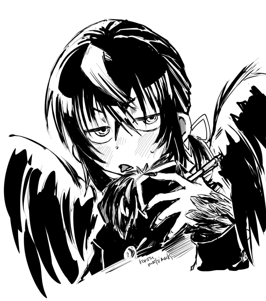 1boy, aki_(korisumochi), bird_wings, feathered_wings, feathers, fingernails, gakuran, greyscale
