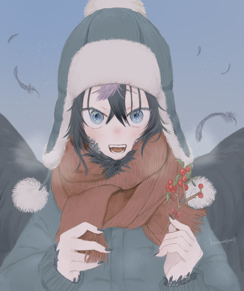 1boy, aki_(korisumochi), beanie, berry, bird_wings, black_hair, black_wings, blue_background