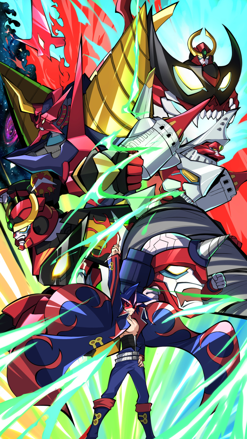 1boy, arm_up, bare_pectorals, belt, blue_coat, blue_pants, check_mecha, chou_tengen_toppa_gurren-lagann
