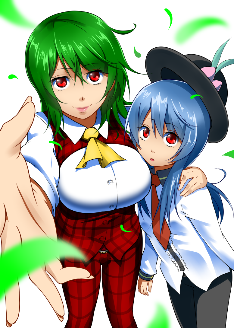 ascot, blue_hair, breast_envy, breasts, food, fruit, green_hair, hat