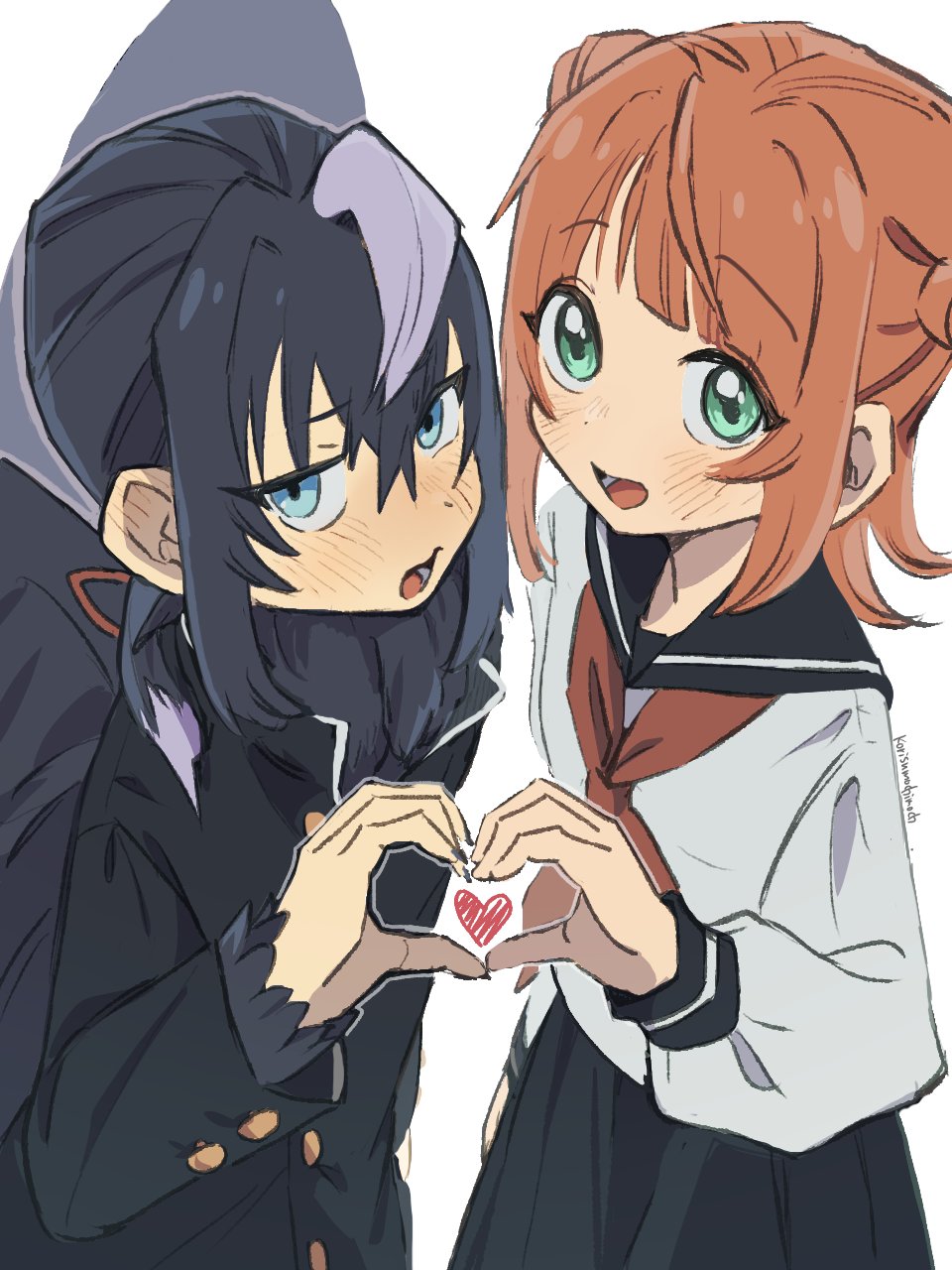 1boy, 1girl, aki_(korisumochi), bird_wings, black_feathers, black_hair, black_skirt, black_wings