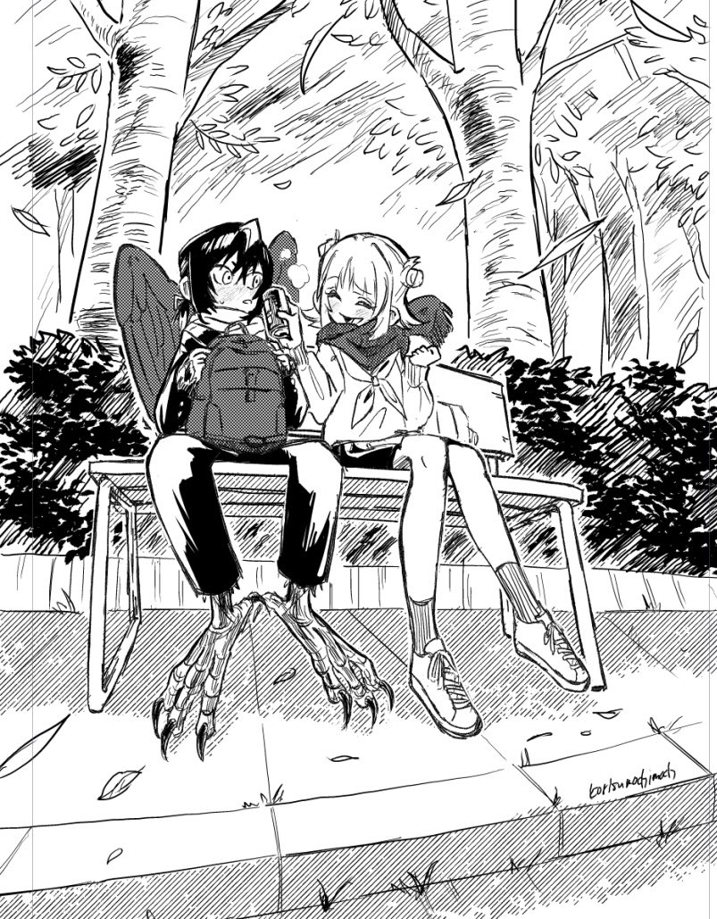 1boy, 1girl, aki_(korisumochi), animal_feet, backpack, bag, bench, bird_legs, bird_wings, blush, claws, commentary_request, feathered_wings, full_body, gakuran, greyscale, harpy_boy, korisumochi, looking_at_another, monochrome, monster_boy, original, outdoors, park_bench, scarf, school_uniform, serafuku, short_hair, sitting, skirt, talons, wings, yuzu_(korisumochi)