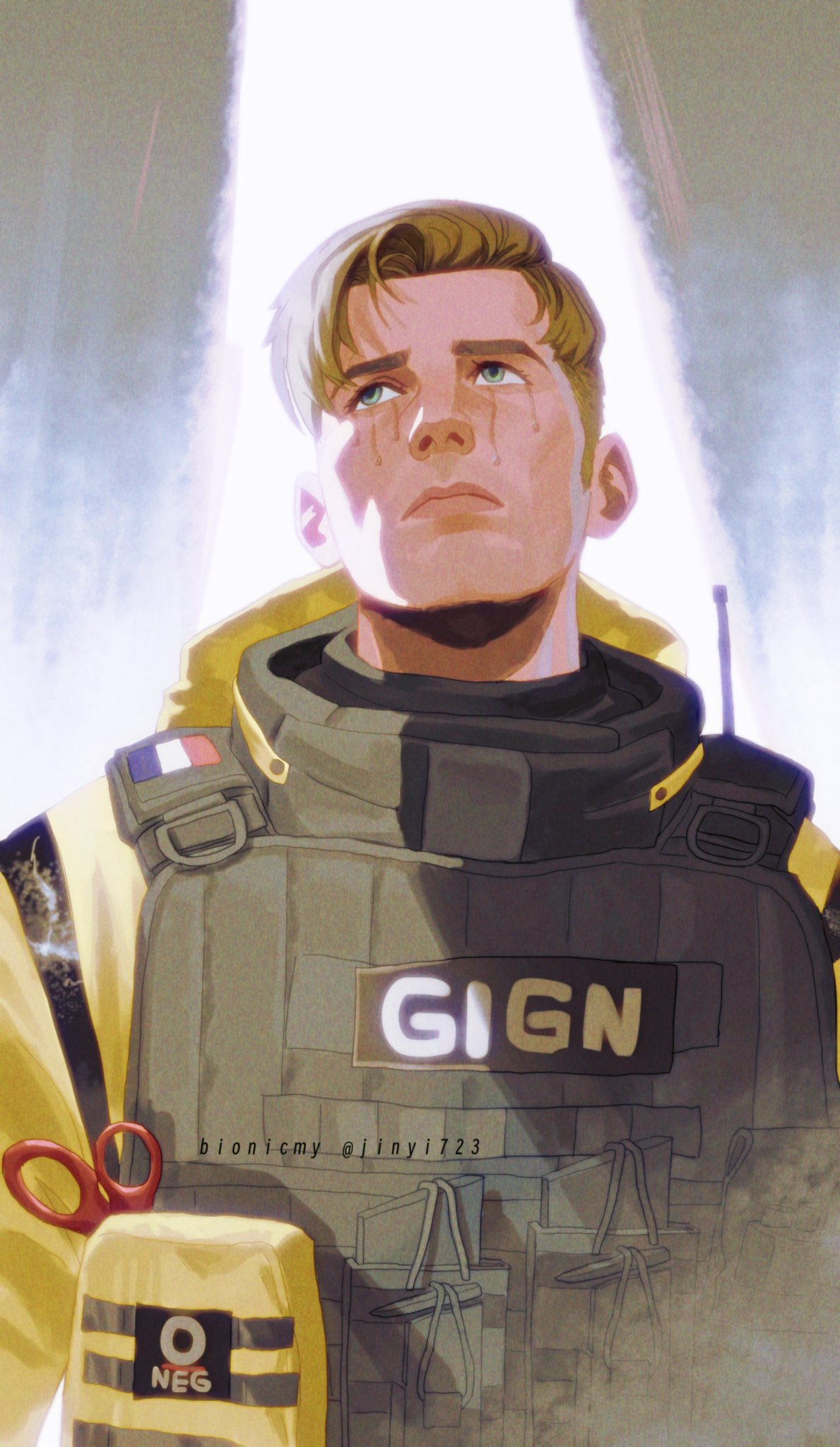1boy, blonde_hair, blue_eyes, bulletproof_vest, closed_mouth, commentary, fangsheng_jixieshi, gign
