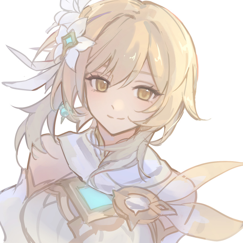 1girl, bare_shoulders, blonde_hair, closed_mouth, commentary_request, dress, earrings, flower