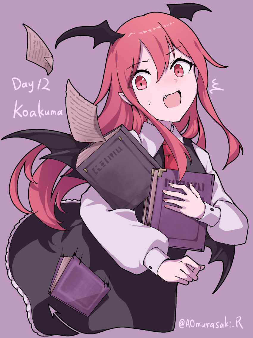 aomurasaki_r, black_skirt, black_vest, black_wings, book, character_name, collared_shirt, commentary