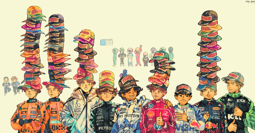 6+boys, absurdres, alexander_albon, andrea_kimi_antonelli, baseball_cap, black_eyes, black_racing_suit, blue_eyes