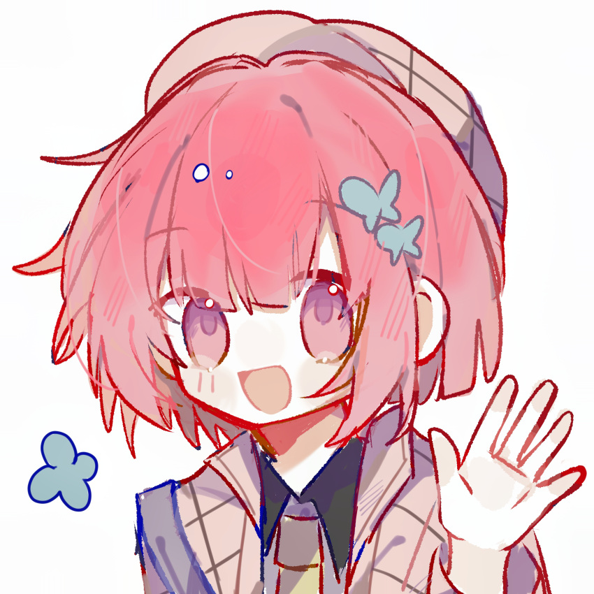 1girl, :d, absurdres, blunt_bangs, bob_cut, butterfly_hair_ornament, chinese_commentary, commentary_request, hair_ornament, hand_up, hat, highres, jacket, necktie, newsboy_cap, ootori_emu, pink_eyes, pink_hair, plaid_clothes, plaid_jacket, portrait, project_sekai, short_hair, simple_background, smile, solo, white_background, xianen16437, yellow_necktie