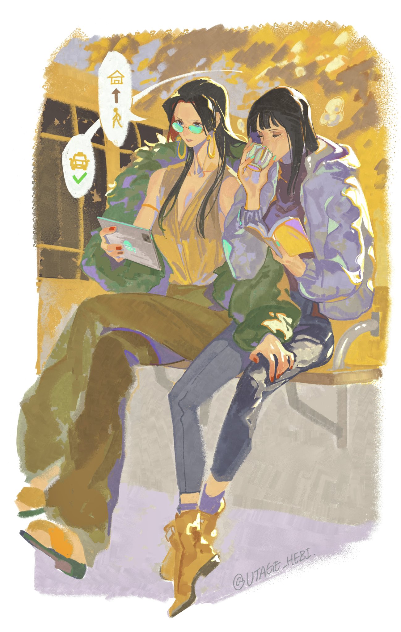 2girls, aqua-tinted_eyewear, black_hair, blunt_bangs, boa_hancock, book, boots, border