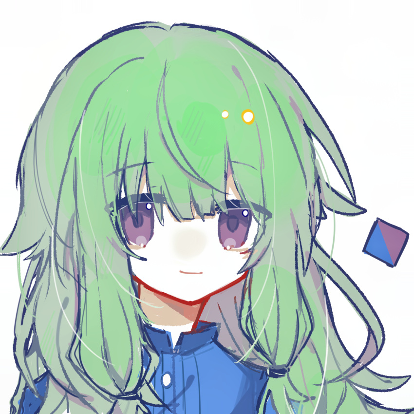 1girl, absurdres, blue_shirt, chinese_commentary, closed_mouth, commentary_request, green_hair, highres, kusanagi_nene, long_hair, looking_at_viewer, low-tied_sidelocks, portrait, project_sekai, shirt, sidelocks, simple_background, smile, solo, violet_eyes, white_background, xianen16437