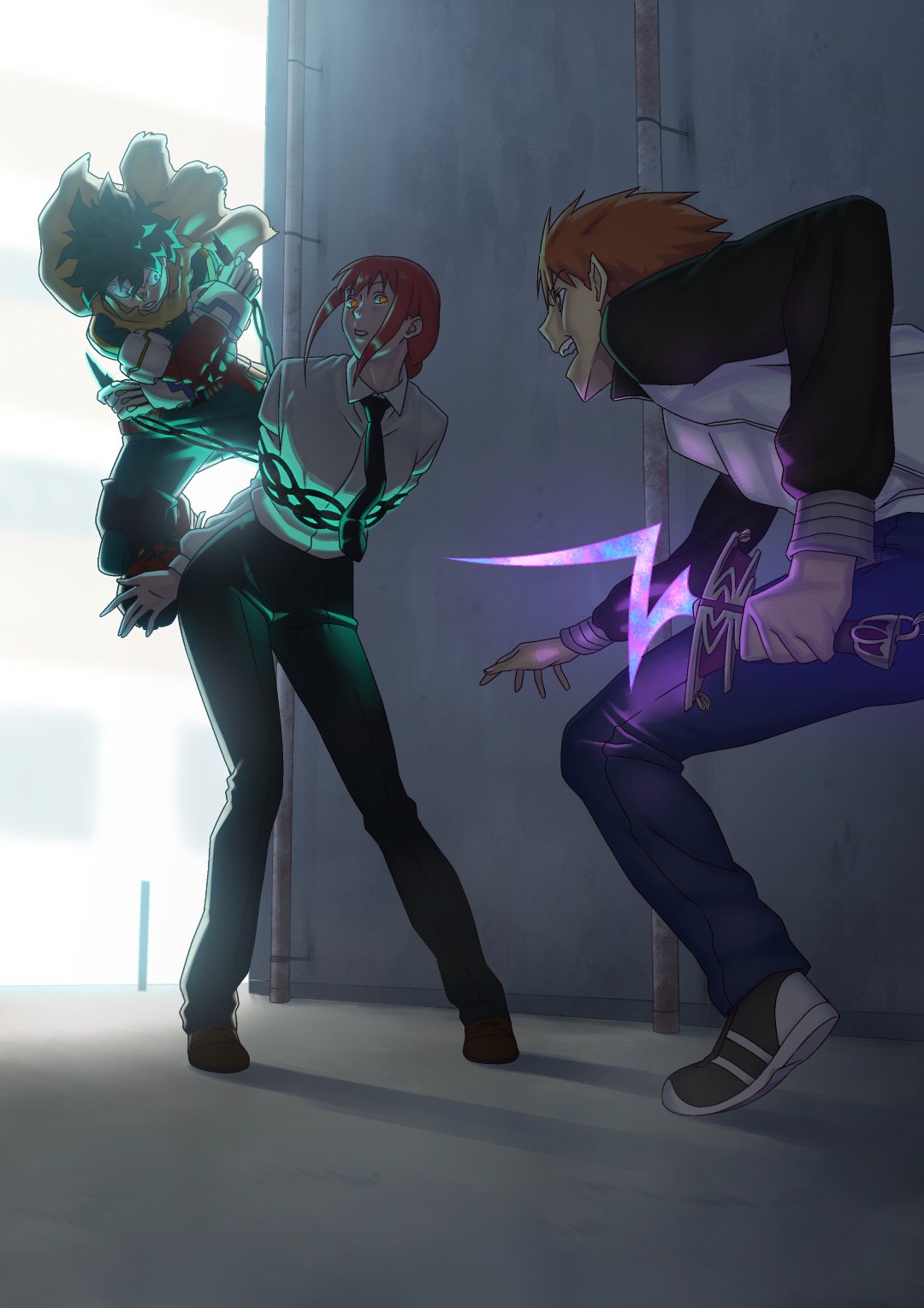 1girl, 2boys, antonio_malara, battle, black_necktie, black_pants, boku_no_hero_academia, braid, braided_ponytail, business_suit, chainsaw_man, commission, crossover, emiya_shirou, fate/stay_night, fate_(series), formal_clothes, highres, jacket, makima_(chainsaw_man), midoriya_izuku, multiple_boys, necktie, pants, red_hair, rule_breaker_(fate), shirt_tucked_in, suit, superhero_costume