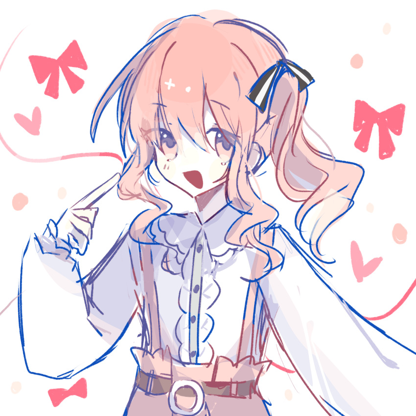 1other, :d, absurdres, akiyama_mizuki, chinese_commentary, collared_shirt, commentary_request, curly_hair, frilled_shirt, frills, highres, medium_hair, other_focus, pink_eyes, pink_hair, pink_skirt, pink_suspenders, project_sekai, shirt, side_ponytail, sidelocks, simple_background, skirt, smile, solo, white_background, white_shirt, xianen16437