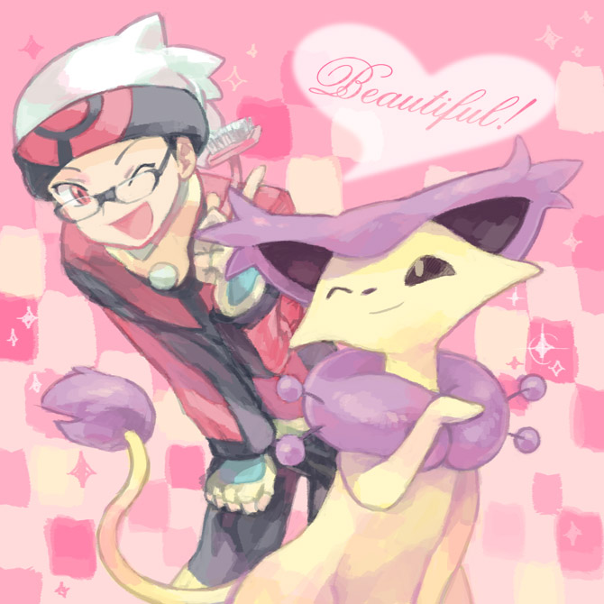 1boy, black_hair, delcatty, english, fingerless_gloves, glasses, gloves, hair_brush, hat, pokemon, pokemon_(creature), pokemon_rse, pokemon_ruby_and_sapphire, pokemon_special, red_eyes, ruby_(pokemon), smile, sparkle, wink, yapo_(mess)