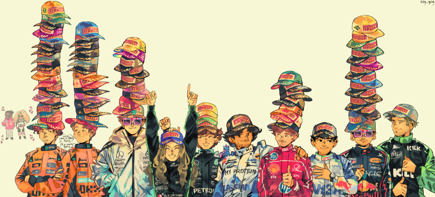 2girls, 6+boys, absurdres, andrea_kimi_antonelli, arms_up, baseball_cap, beyonce, black_eyes