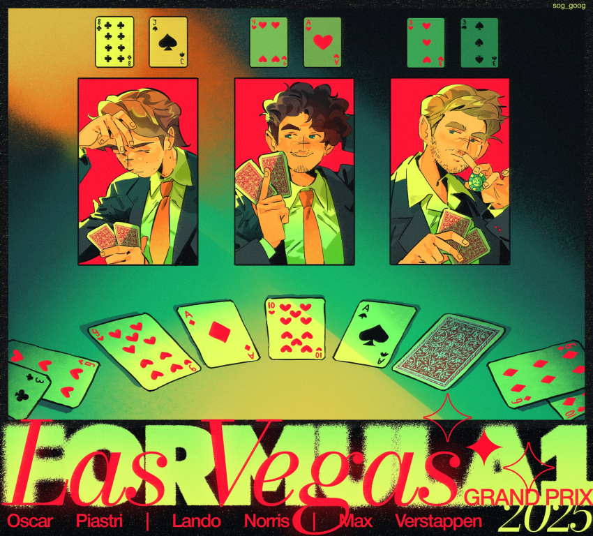 3boys, beard_stubble, black_jacket, blue_eyes, brown_eyes, brown_hair, card, character_name, closed_mouth, collared_shirt, commentary, english_commentary, facial_hair, formula_one, green_shirt, highres, holding, holding_card, holding_poker_chip, jacket, lando_norris, las_vegas, male_focus, max_verstappen, multiple_boys, mustache_stubble, necktie, orange_necktie, oscar_piastri, playing_card, playing_card_game, playing_games, poker, poker_chip, poker_table, real_life, shirt, short_hair, smile, sog_goog, stubble, table