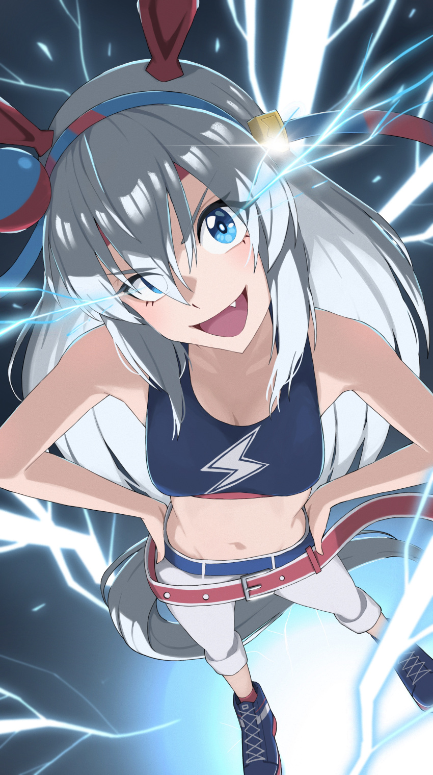 1girl, absurdres, animal_ears, belt, blue_belt, blue_eyes, blue_hairband, blue_shoes