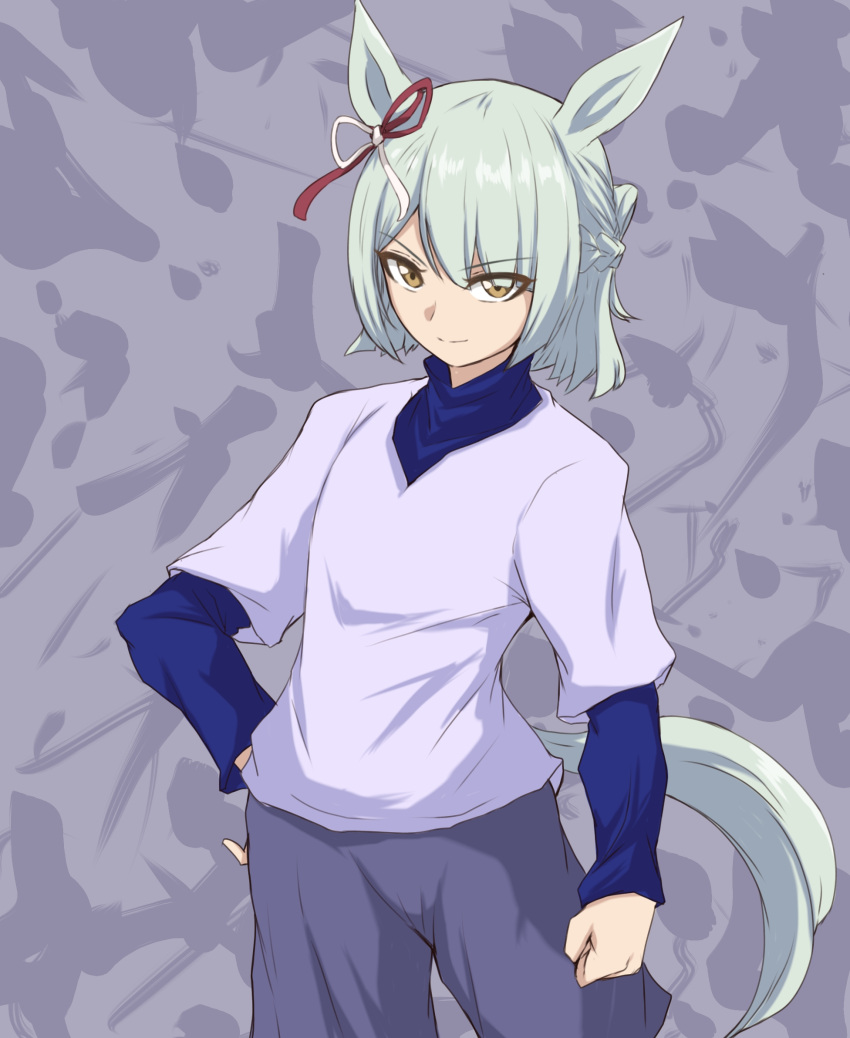1girl, animal_ears, blue_shirt, bob_cut, braid, clenched_hand, closed_mouth, commentary