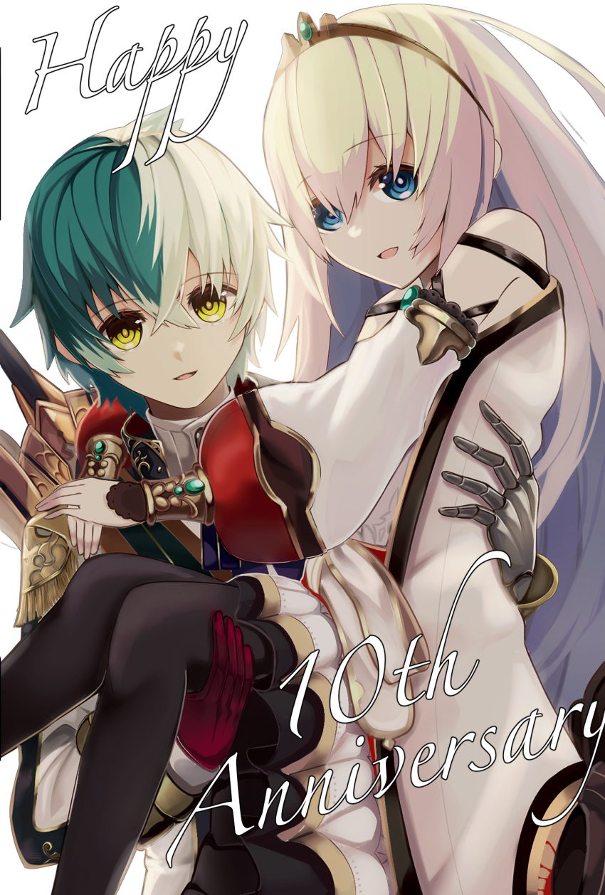 1boy, 1girl, bare_shoulders, black_pantyhose, blonde_hair, blue_eyes, carrying, commentary_request