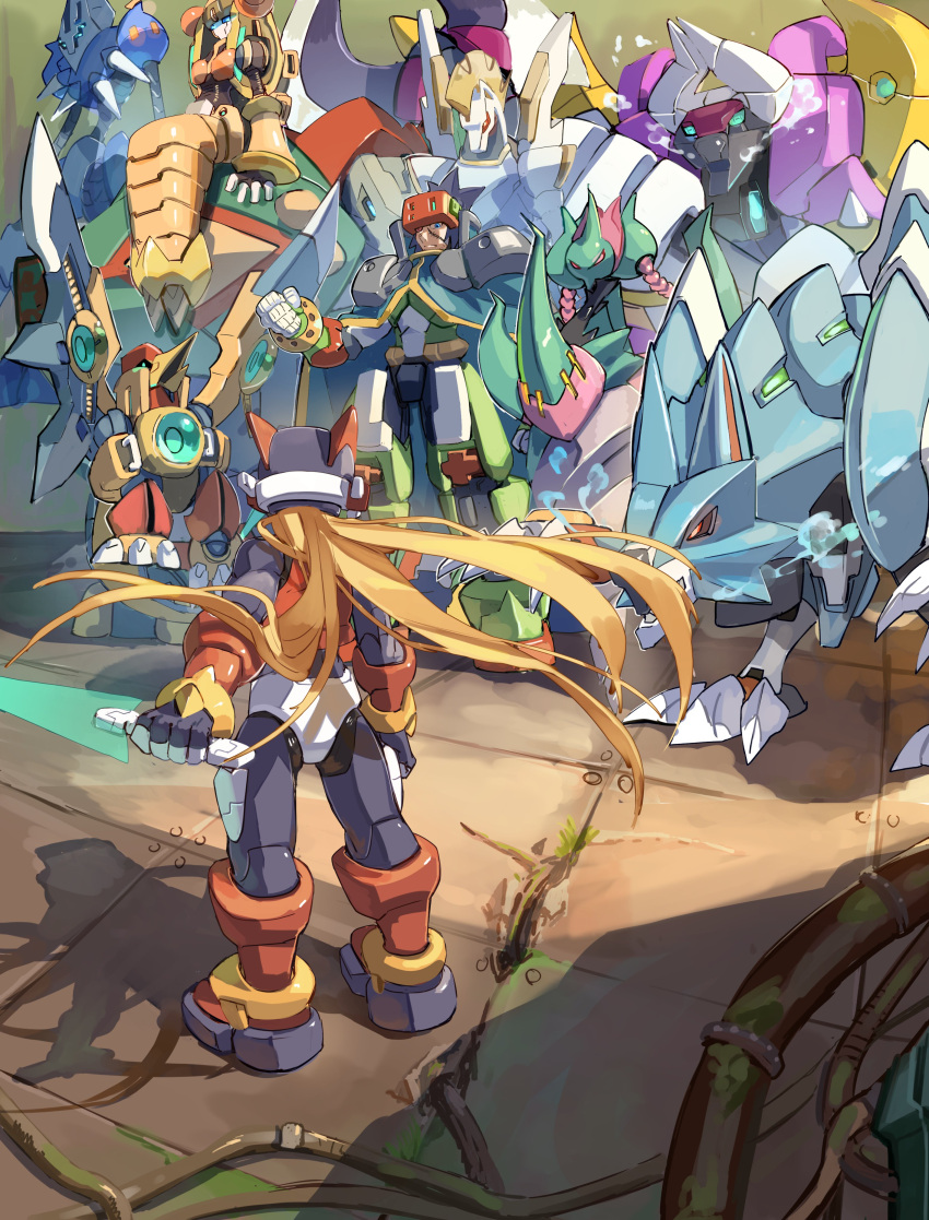 2girls, 6+boys, absurdres, android, animal_ears, armor, arthropod_girl, axe