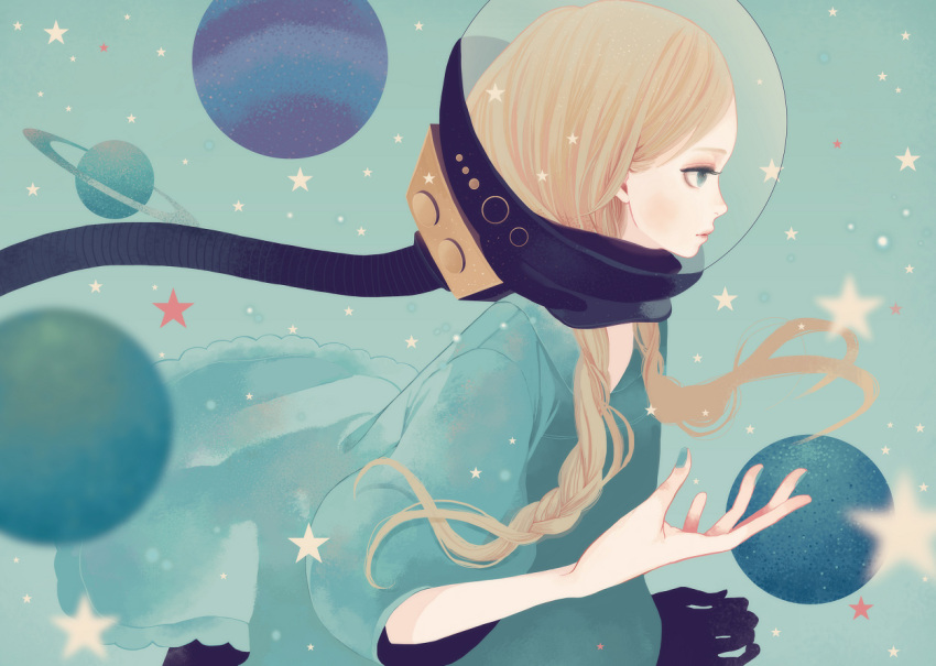 blue_eyes, braid, brown_hair, dress, helmet, long_hair, mokaffe, nail_polish