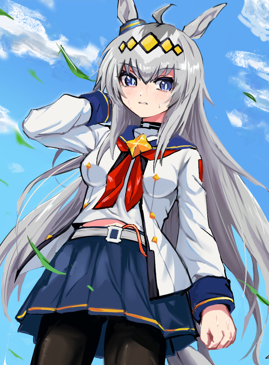 1girl, ahoge, animal_ears, arm_behind_head, black_pantyhose, blue_eyes, blue_sailor_collar, blue_skirt, blue_sky, clouds, cloudy_sky, commentary, cowboy_shot, day, diamond_hairband, dutch_angle, ear_ornament, frown, grey_hair, half-shirt, horse_ears, horse_girl, horse_tail, leaf, long_hair, long_sleeves, looking_at_viewer, neckerchief, oguri_cap_(starlight_beat)_(umamusume), oguri_cap_(umamusume), outdoors, pantyhose, pleated_skirt, red_neckerchief, sailor_collar, shouyu_(syoyuconitiwa), skirt, sky, solo, standing, sweat, tail, umamusume, umamusume:_cinderella_gray, very_long_hair, wings