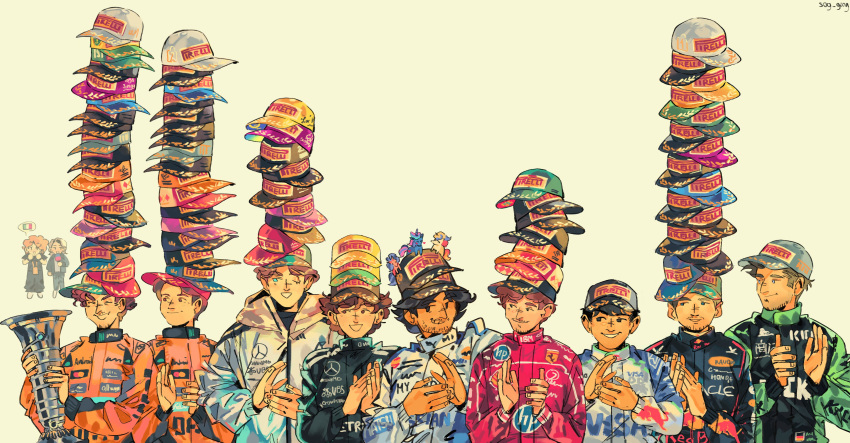 6+boys, absurdres, andrea_kimi_antonelli, baseball_cap, black_eyes, black_racing_suit, blue_eyes, blue_racing_suit