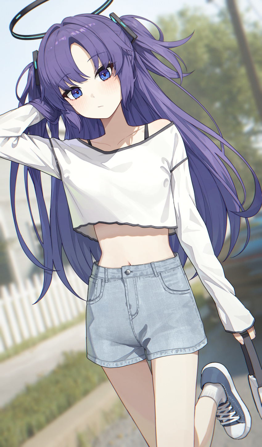 1girl, :/, alternate_costume, arm_behind_head, bag, bare_legs, blue_archive, blue_eyes