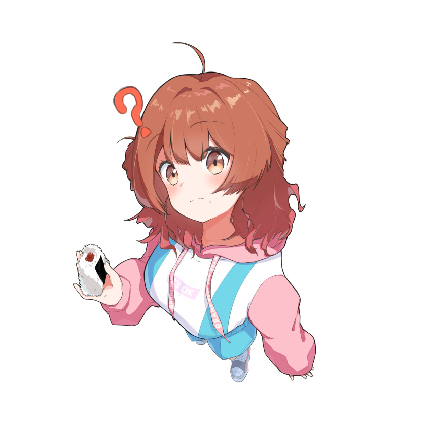 1girl, ?, absurdres, ahoge, aqua_shorts, blush, brown_hair, commentary_request, food, from_above, gakuen_idolmaster, hanami_ume, highres, holding, holding_food, hood, hoodie, idolmaster, long_sleeves, looking_at_viewer, medium_hair, official_alternate_costume, onigiri, shoes, shorts, shunnosuke-0308, simple_background, sneakers, solo, tsuyo_tsuyo_strongest_exercise_(idolmaster), white_background