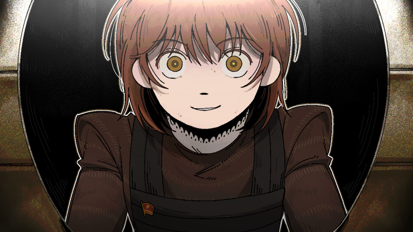 1girl, apron, asya_shubina, black_apron, brown_eyes, brown_hair, brown_shirt, frilled_shirt_collar