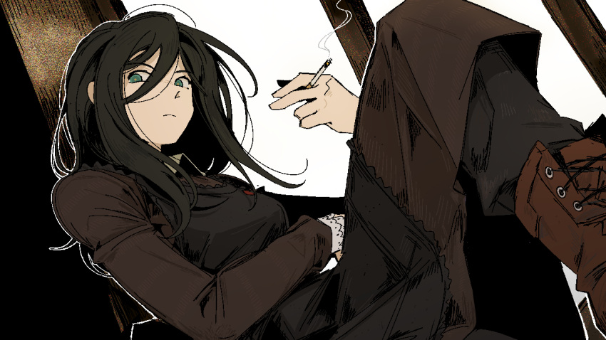 1girl, apron, aqua_eyes, black_apron, black_hair, boots, brown_boots, brown_dress