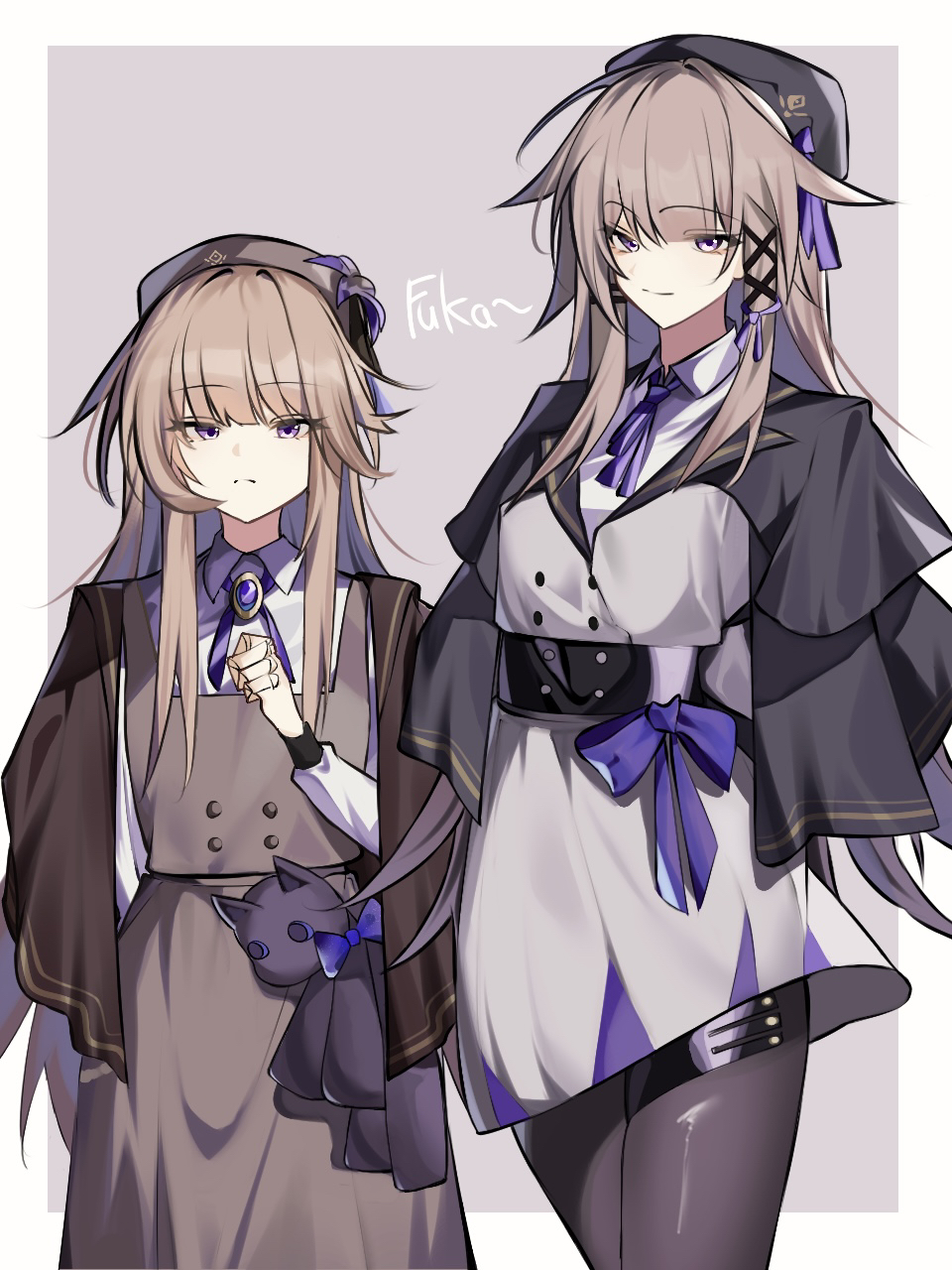 2girls, alternate_costume, beret, black_hat, black_pantyhose, border, breasts, brown_dress, brown_hat, collared_shirt, commentary_request, cowboy_shot, doll_joints, dress, dual_persona, flower, frown, fukafuka_ekaki, hat, hat_flower, herta_(honkai:_star_rail), herta_(puppet)_(honkai:_star_rail), highres, honkai:_star_rail, honkai_(series), joints, looking_at_viewer, medium_breasts, multiple_girls, neckerchief, outside_border, pantyhose, pinafore_dress, purple_flower, purple_neckerchief, purple_ribbon, ribbon, shirt, signature, simple_background, sleeveless, sleeveless_dress, smile, stuffed_animal, stuffed_toy, the_herta_(honkai:_star_rail), torn_hair_ribbon, white_border, white_dress, white_shirt