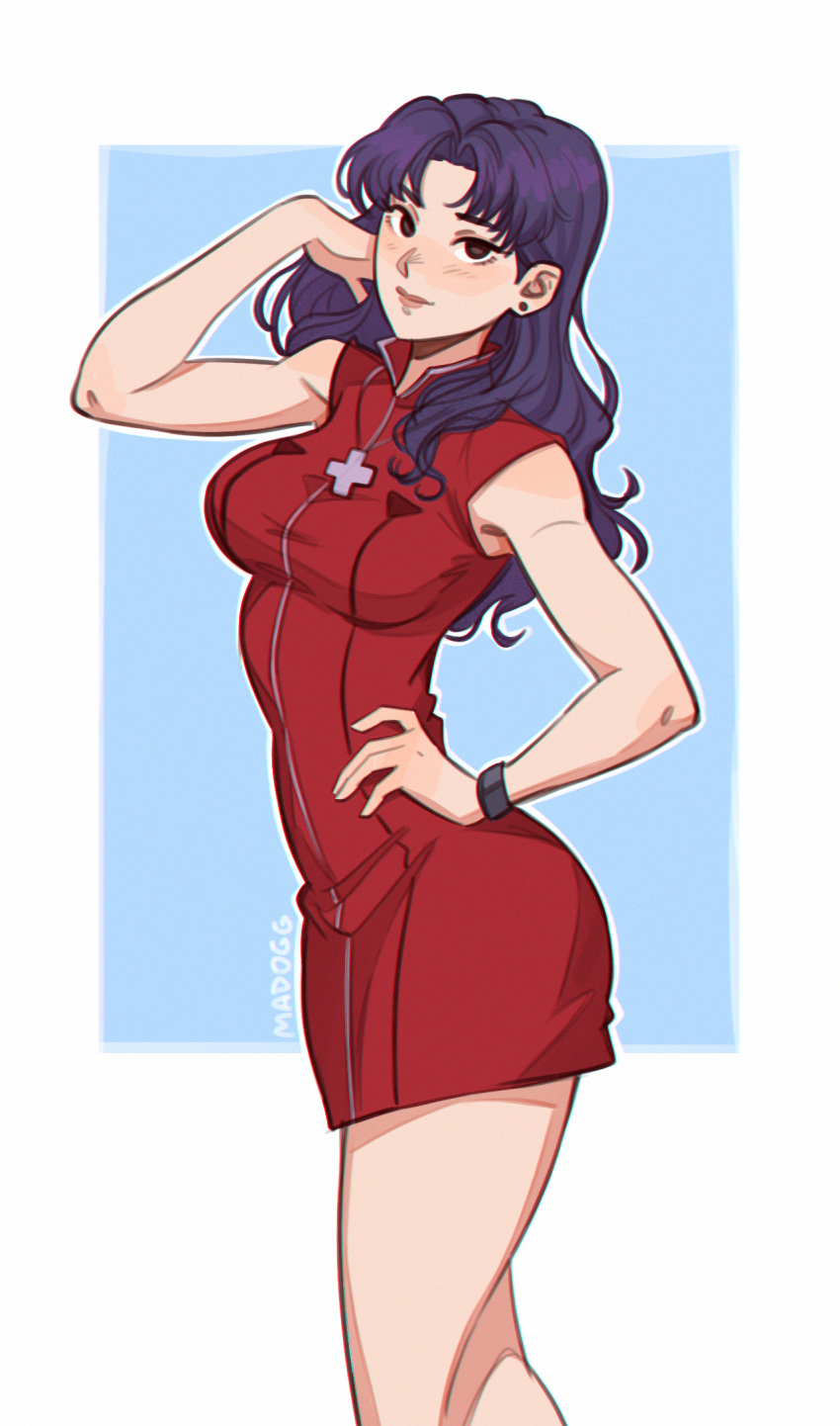 1girl, artist_name, blue_background, border, breasts, brown_eyes, cowboy_shot, dress