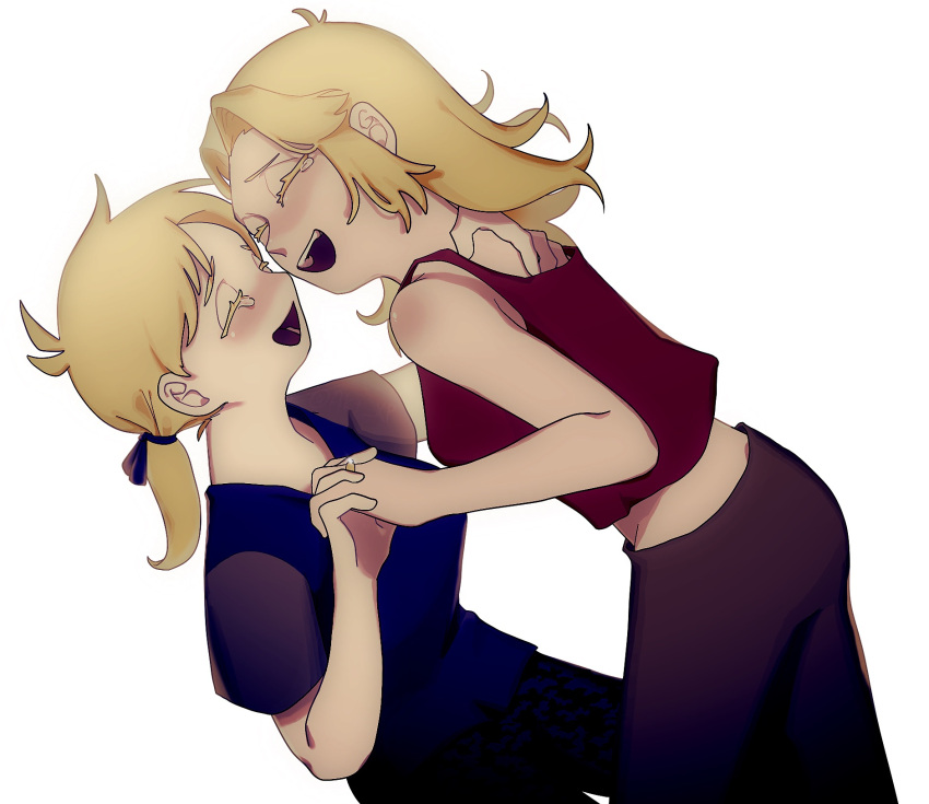 2girls, :d, ^_^, animification, blonde_hair, blue_shirt, blush, closed_eyes
