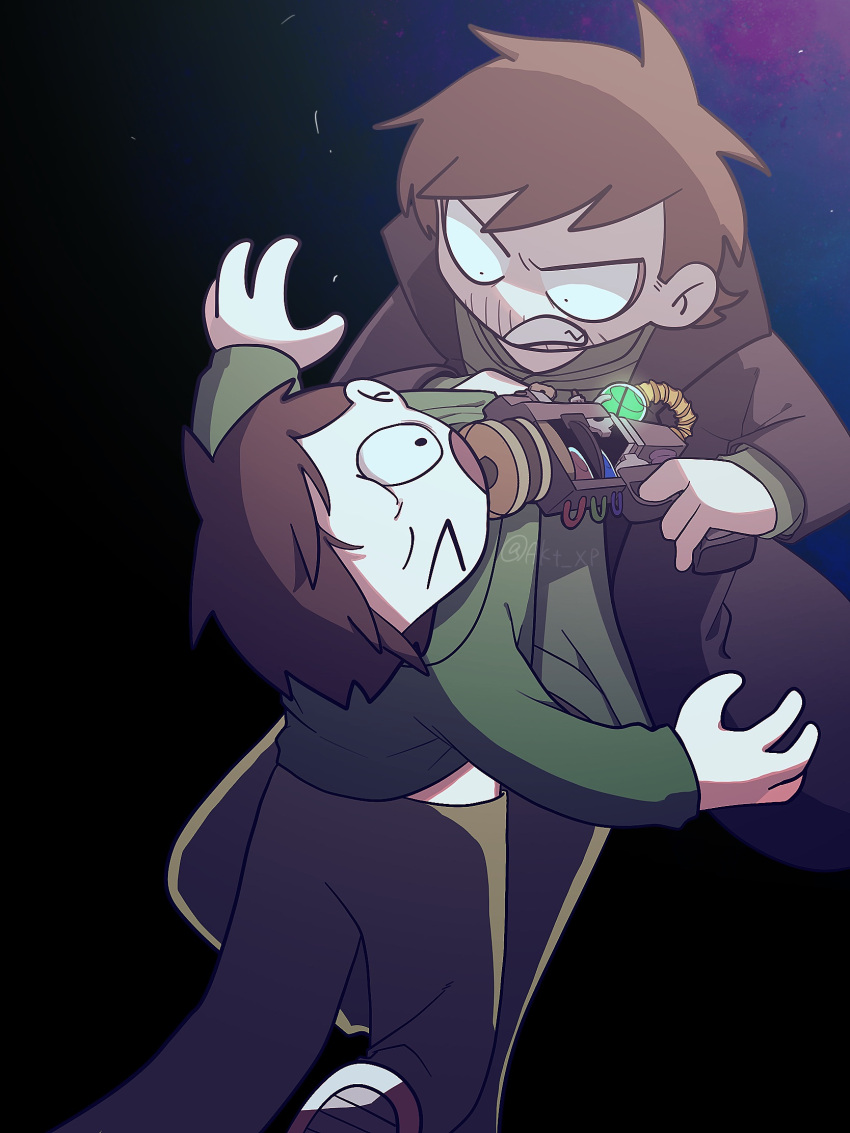 >_o, 2boys, aiming, akt_xp, angry, antenna_hair, bags_under_eyes, beard_stubble