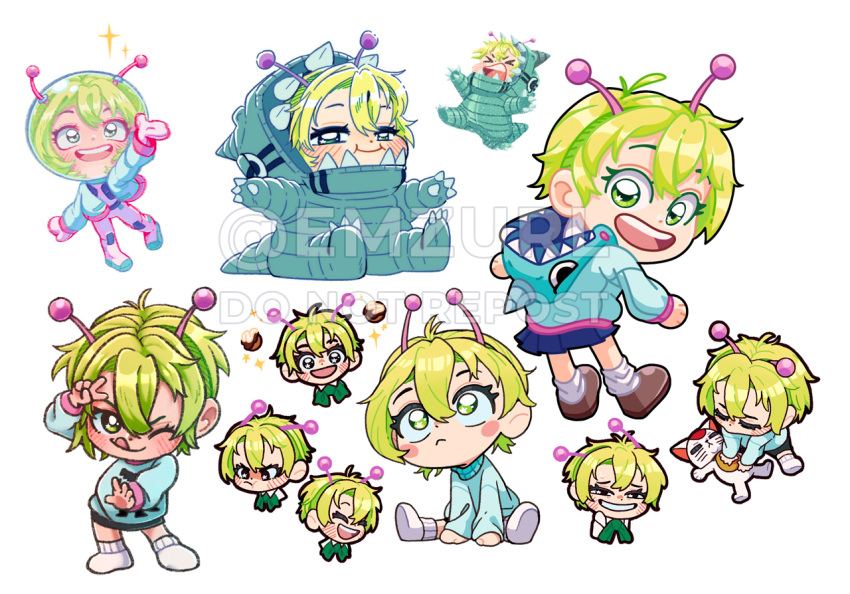 1girl, ;q, alien, antennae, blonde_hair, blue_skirt, blue_sweater, blush