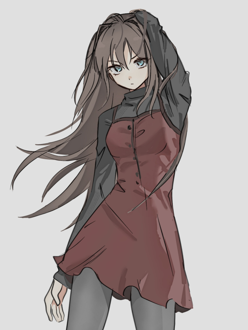 1girl, aozaki_aoko, befoufou174773, black_pantyhose, blue_eyes, brown_hair, chinese_commentary, closed_mouth, commentary, cropped_legs, dress, expressionless, grey_background, hair_between_eyes, hair_intakes, hand_in_own_hair, highres, long_hair, long_sleeves, looking_at_viewer, mahou_tsukai_no_yoru, pantyhose, red_dress, simple_background, solo, standing, sweater, turtleneck, turtleneck_sweater