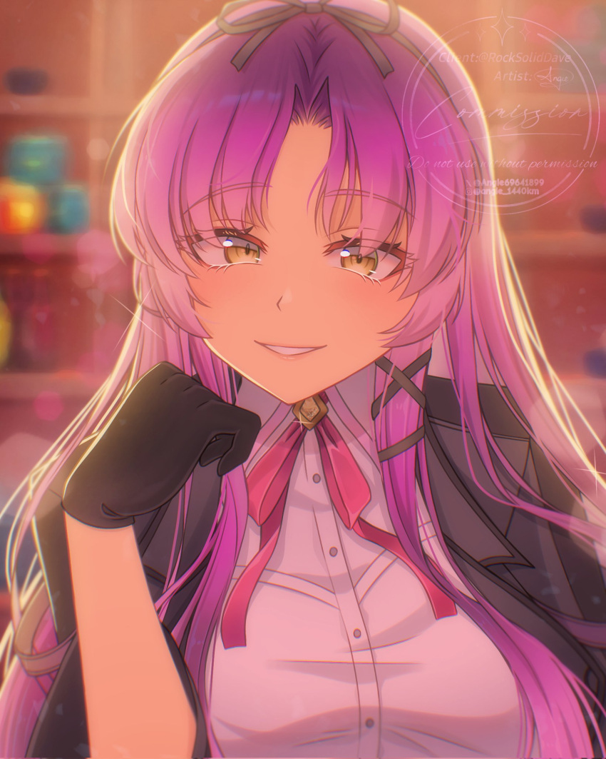1girl, angie03, black_gloves, black_ribbon, blurry, blurry_background, bob_cut, bow