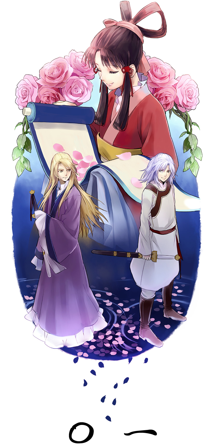 2boys, black_hair, blonde_hair, changpao, chinese_clothes, closed_eyes, eyes_closed, flower