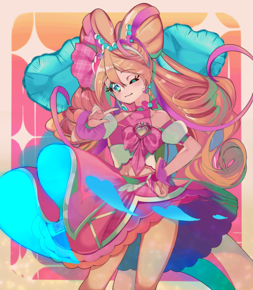 1girl, ;), absurdres, blonde_hair, blue_eyes, bow, brooch, clothes_lift, commentary, cowboy_shot, cropped_shirt, cure_idol, detached_sleeves, drill_hair, earrings, frilled_cuffs, hairband, halterneck, hand_on_own_hip, heart, heart_brooch, highres, idol_heart_incom, impossible_hair, jewelry, kimi_to_idol_precure, looking_at_viewer, magical_girl, medium_skirt, midriff, multicolored_hair, navel, one_eye_closed, pink_bow, pink_hair, pink_shirt, pink_skirt, pointing, pointing_at_self, precure, puffy_detached_sleeves, puffy_sleeves, sakura_uta_(precure), shirt, skirt, skirt_lift, smile, solo, standing, two-tone_hair, white_hairband, wind, wind_lift, yuutarou_(fukiiincho)
