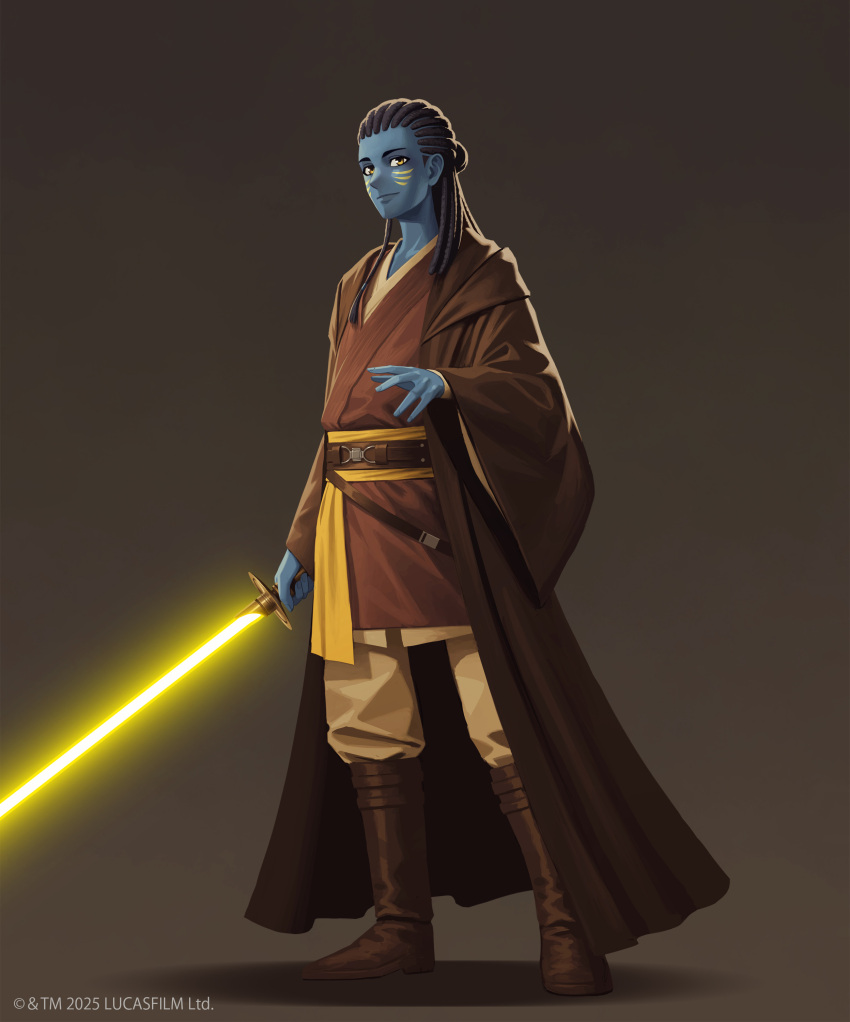 1boy, 5health, absurdres, alien, black_hair, blue_skin, boots, brown_background