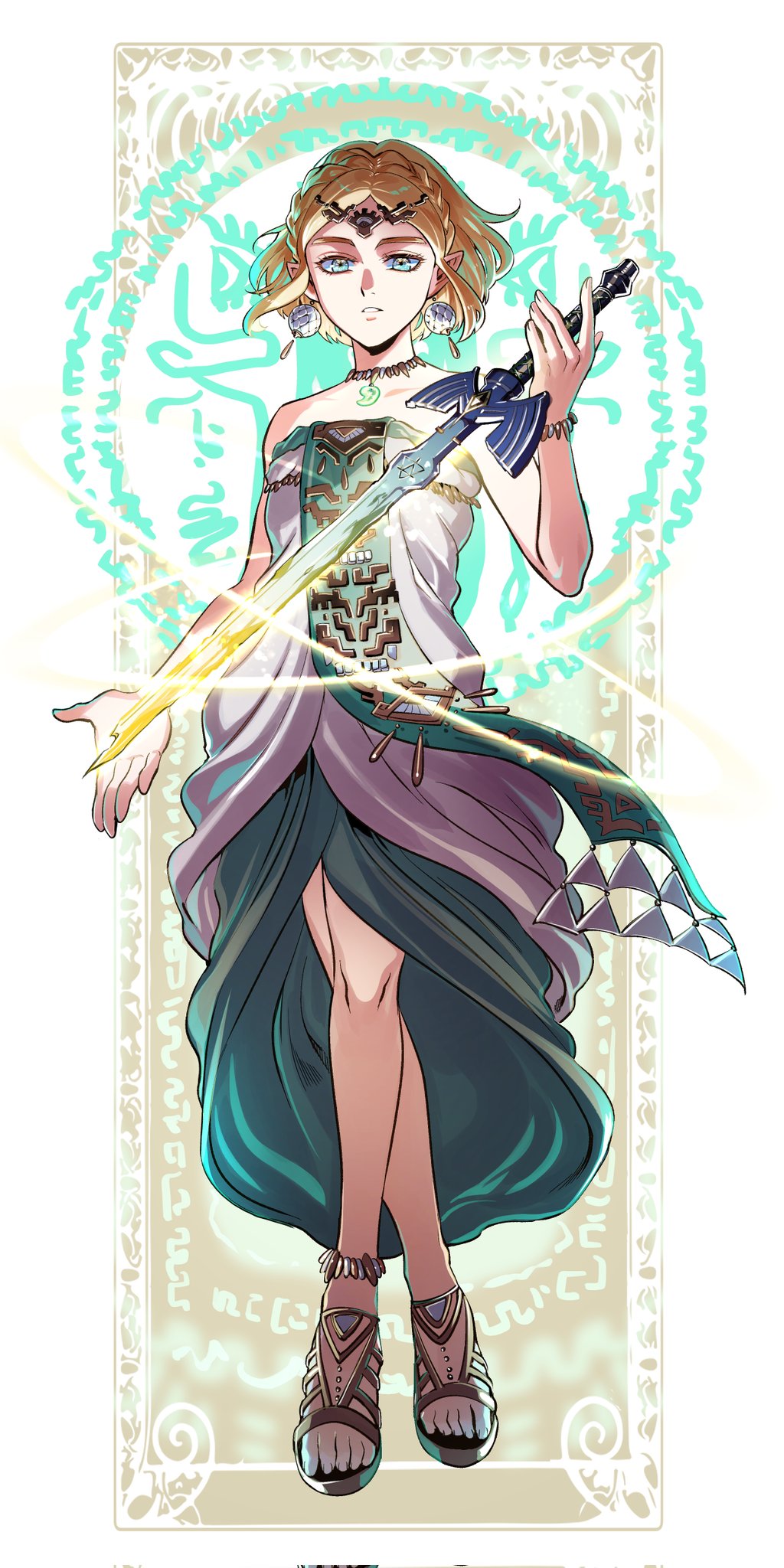 1girl, aqua_eyes, baehee5502, bare_shoulders, blonde_hair, bracelet, braid, breasts