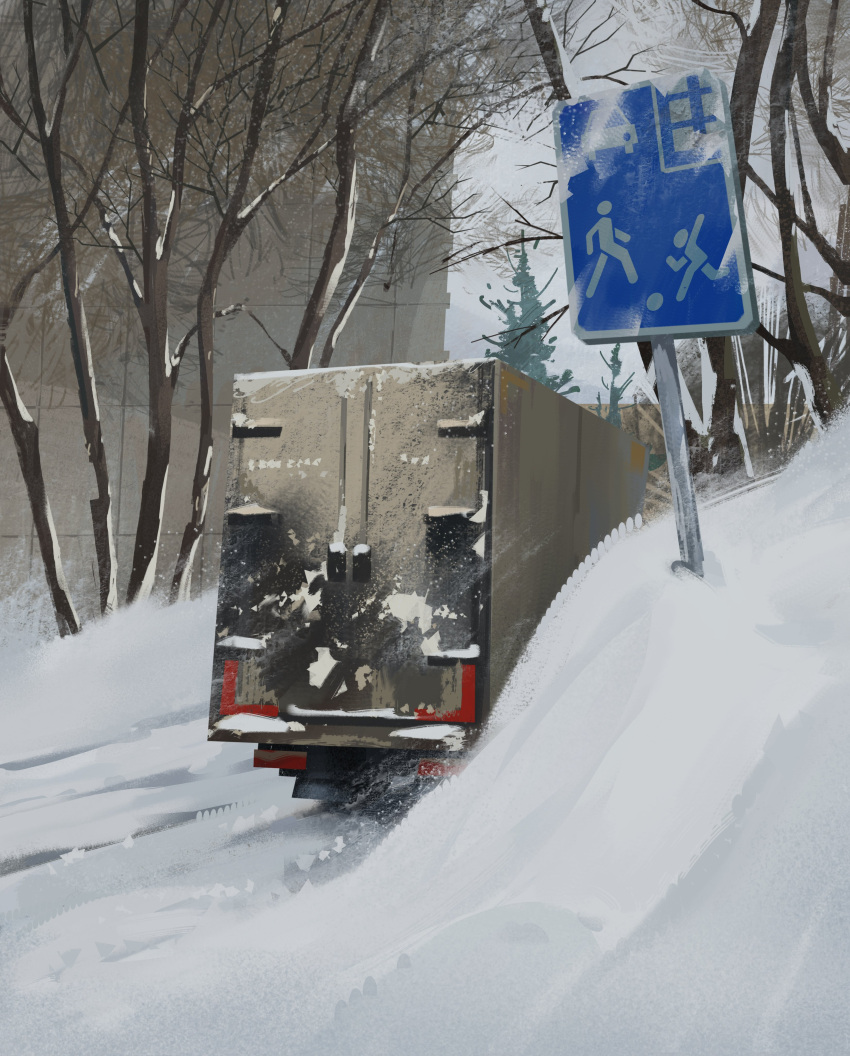 absurdres, ala_southiick, bare_tree, box_truck, building, city, highres, motor_vehicle, no_humans, original, outdoors, road_sign, scenery, sign, snow, tree, truck, winter