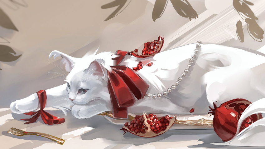 animal, animal_focus, bwspace69, cat, food, fork, fruit, highres