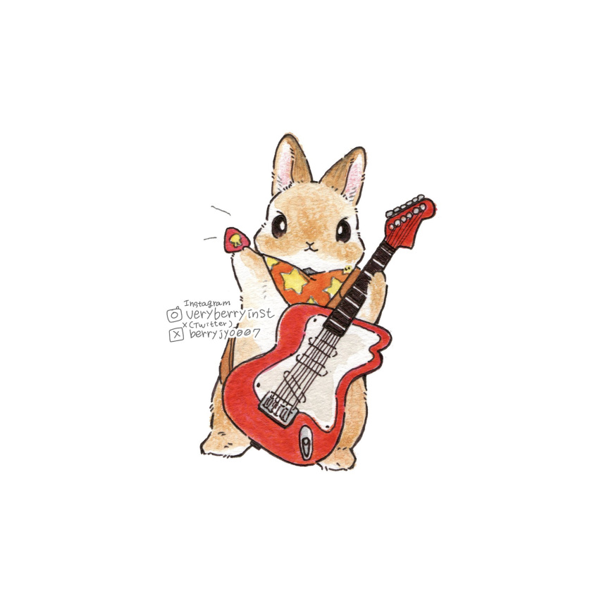 animal, animal_focus, berry_jou, commentary_request, electric_guitar, guitar, highres, holding, holding_guitar, holding_instrument, holding_plectrum, instagram_username, instrument, looking_at_viewer, no_humans, original, plectrum, simple_background, star_(symbol), star_print, twitter_username, white_background