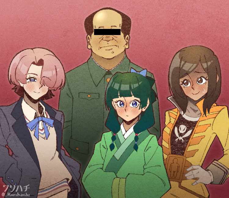 1boy, 3girls, arimura_mao, artist_name, black_jacket, blue_bow, blue_bowtie, blue_eyes