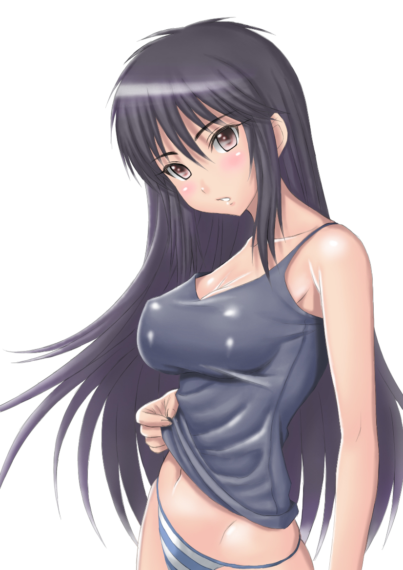 black_hair, black_legwear, blush, breasts, brown_eyes, erect_nipples, long_hair, muffin, navel, no_bra, open_mouth, panties, red_eyes, shirt_lift, sirumeria, skindentation, solo, striped, striped_bikini, striped_panties, striped_swimsuit, swimsuit, tank_top, tsuyokiss, underwear, yashi_nagomi