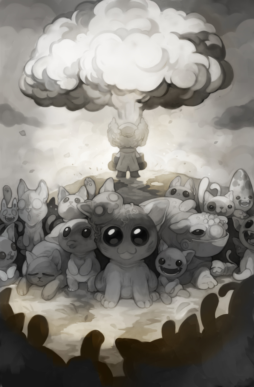 1boy, :3, absurdres, animal, balding, blind, cat, commentary