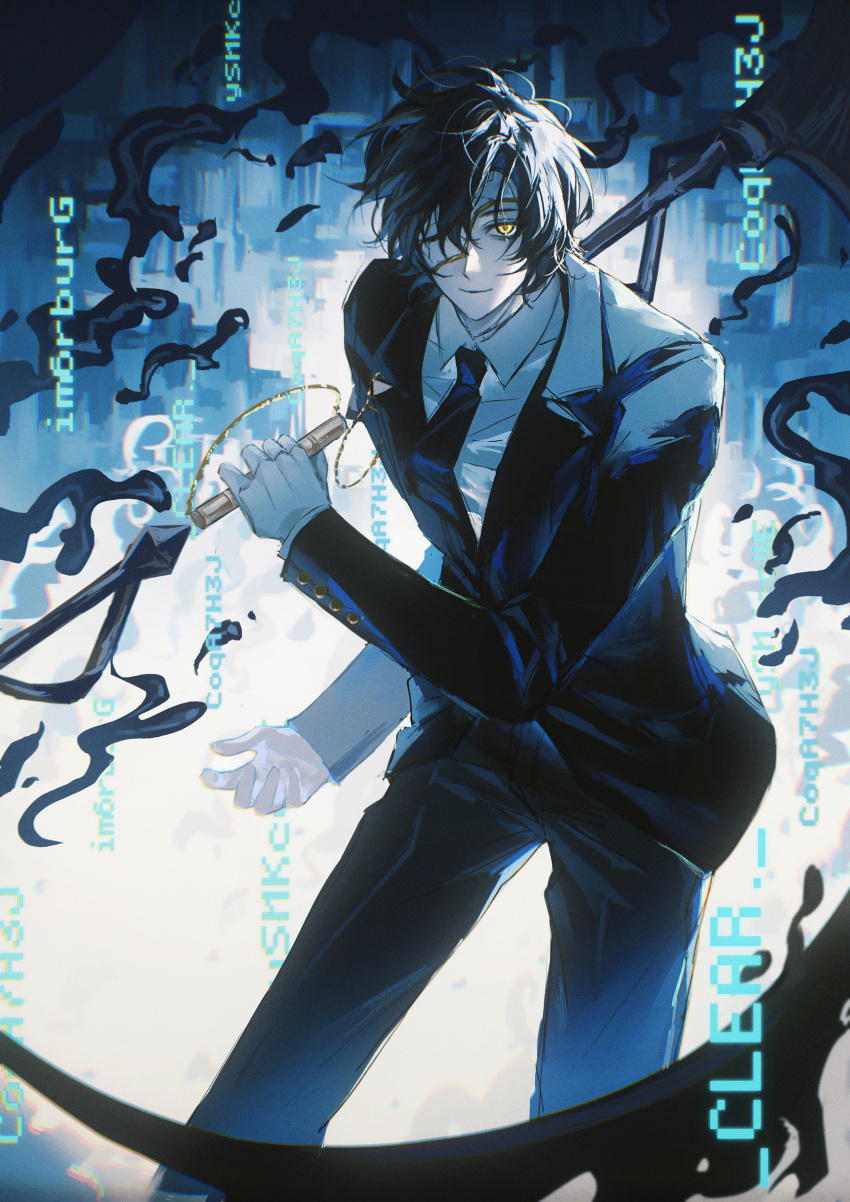 1boy, absurdres, black_hair, black_jacket, black_necktie, black_pants, black_suit, ciphertext